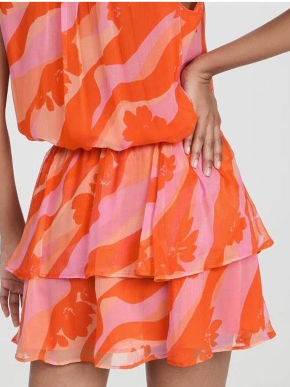 Ramy Brook Baldwin Mini Dress XS Orange Pink Floral‎ Ruffle Wrap Resort - Picture 2 of 13